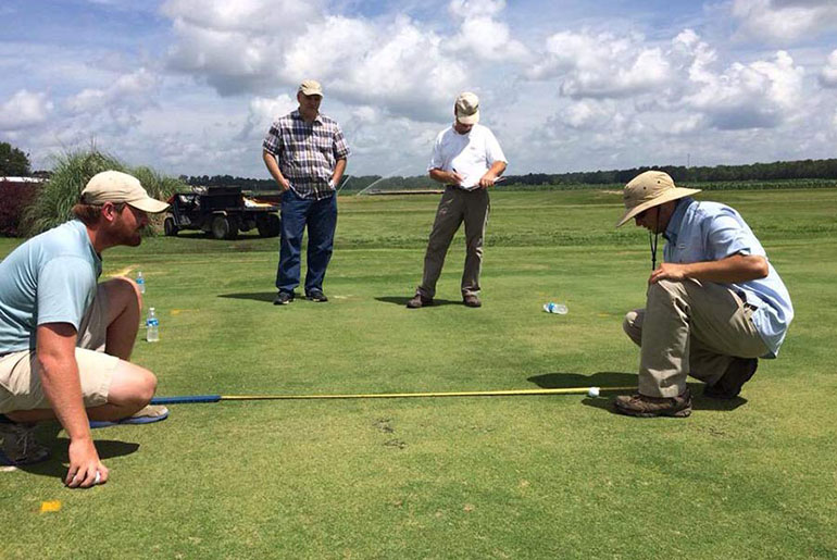 people testing how a golf ball rolls on the turf