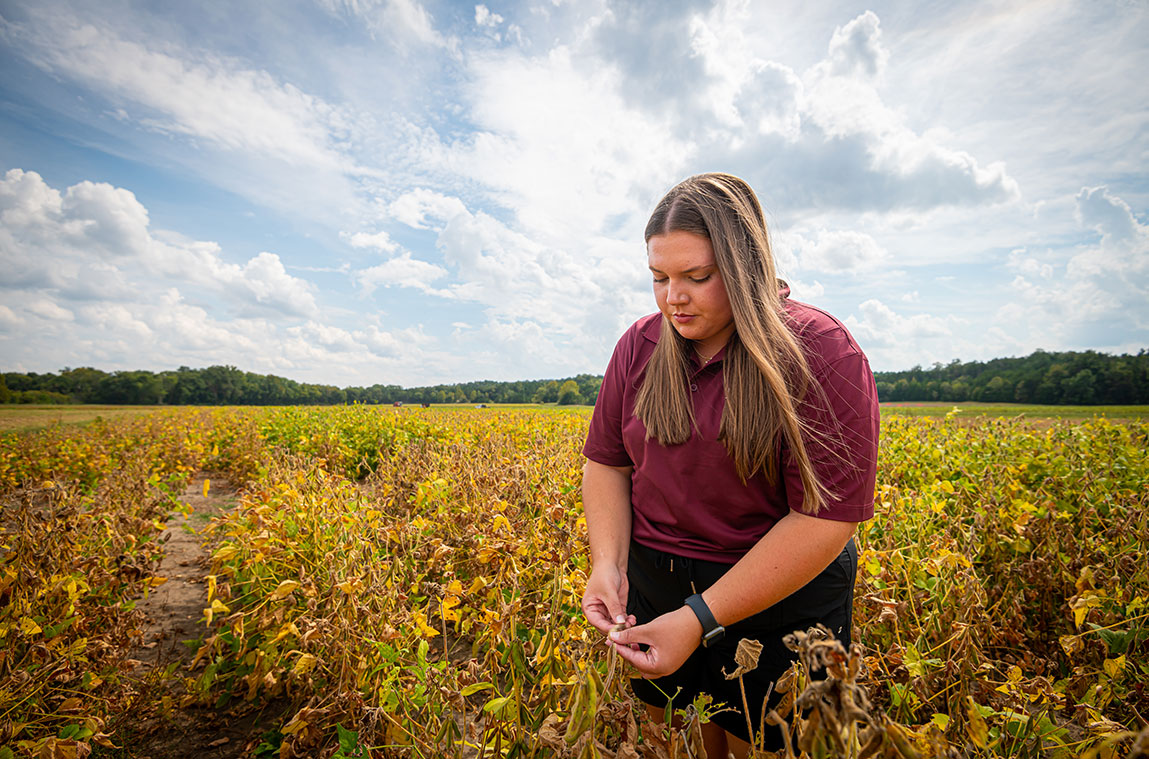 Elizabeth Worley in a soybean field