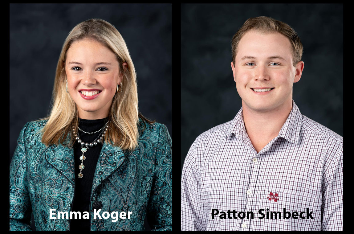 Female in green blazer on black background, male with checked shirt on black background