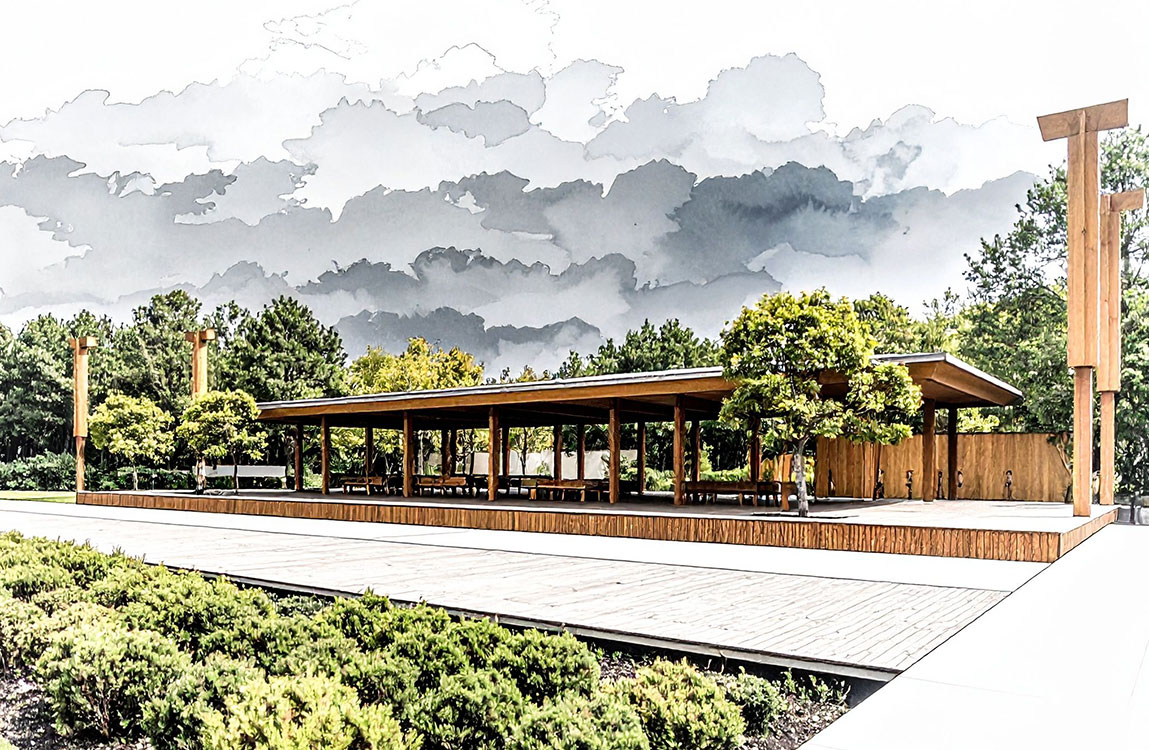 landscape rendering including a covered area with tables and shrubs in the front