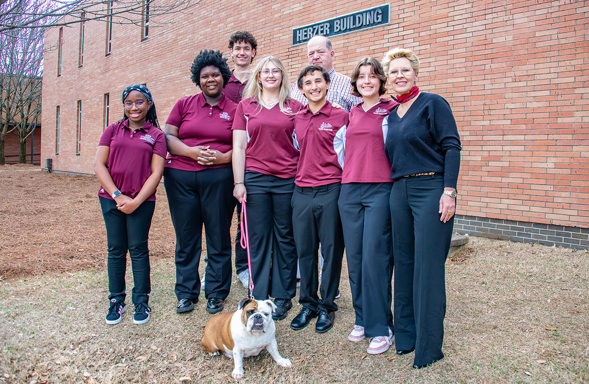 Group of students with a bulldog mascot