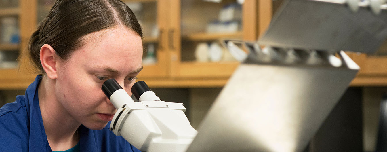 student looking through microscope